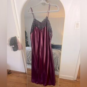 Vintage Dreamtime Satin Deep Purple Slip Dress with Black Lace Detail neckline L